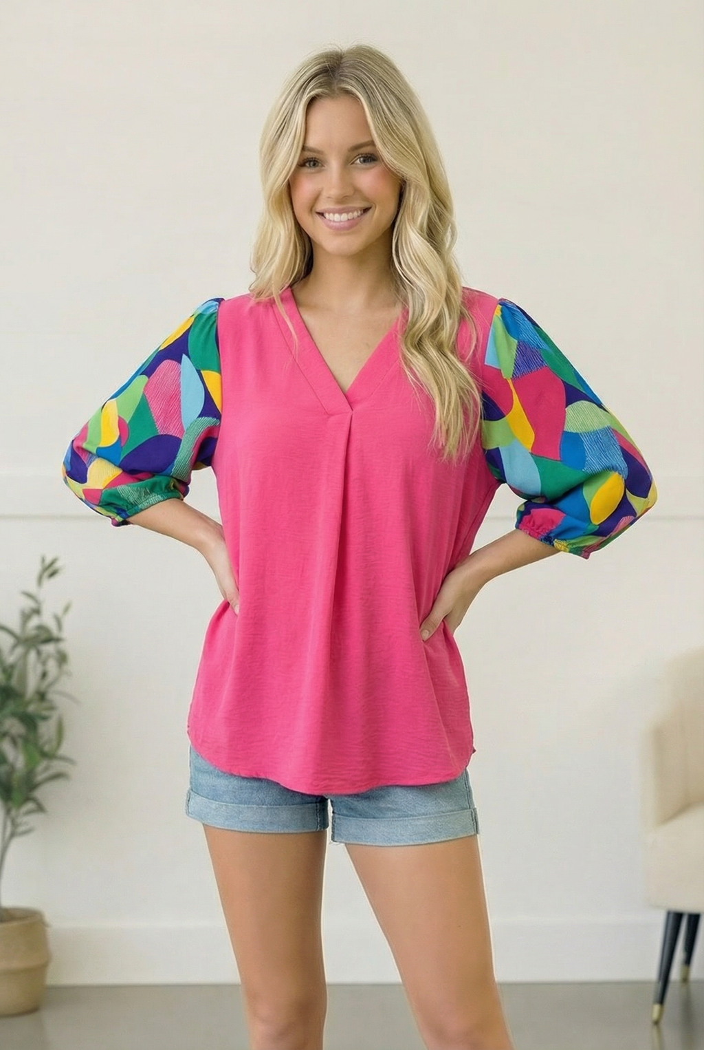 Fuchsia Print Sleeve Blouse