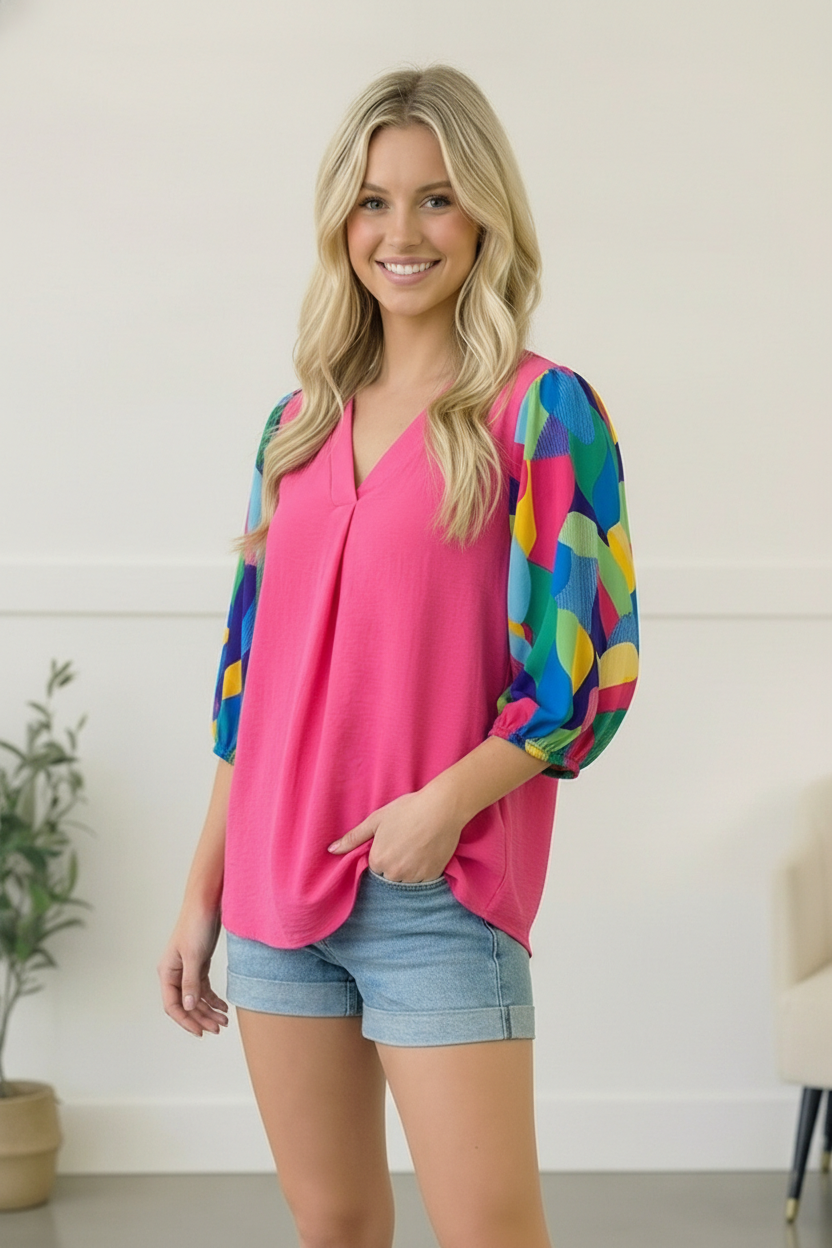 Fuchsia Print Sleeve Blouse