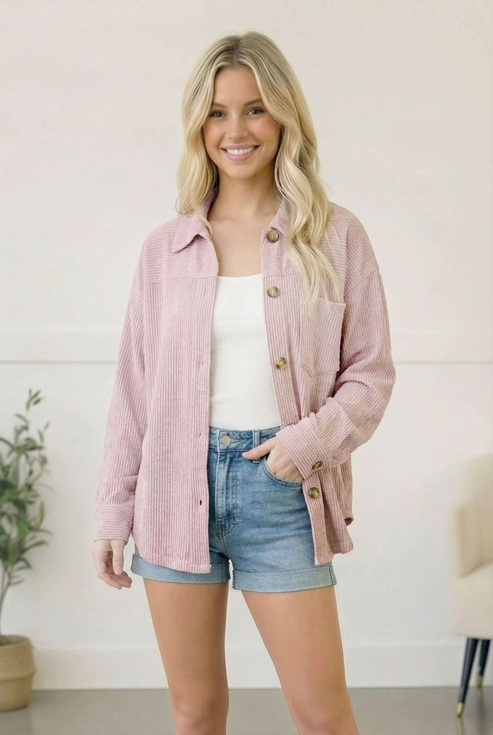 Blush Wavy Ribbed Button Cardigan