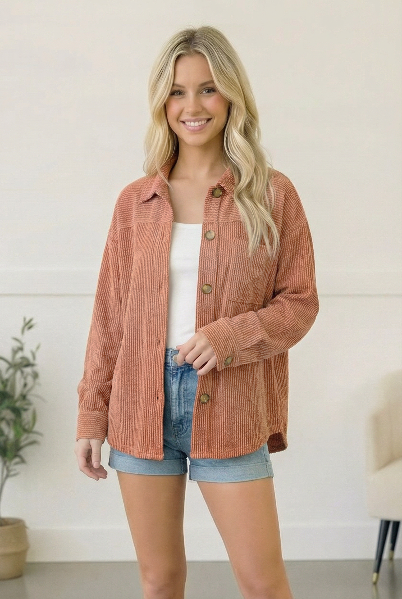 Apricot Wavy Ribbed Button Cardigan