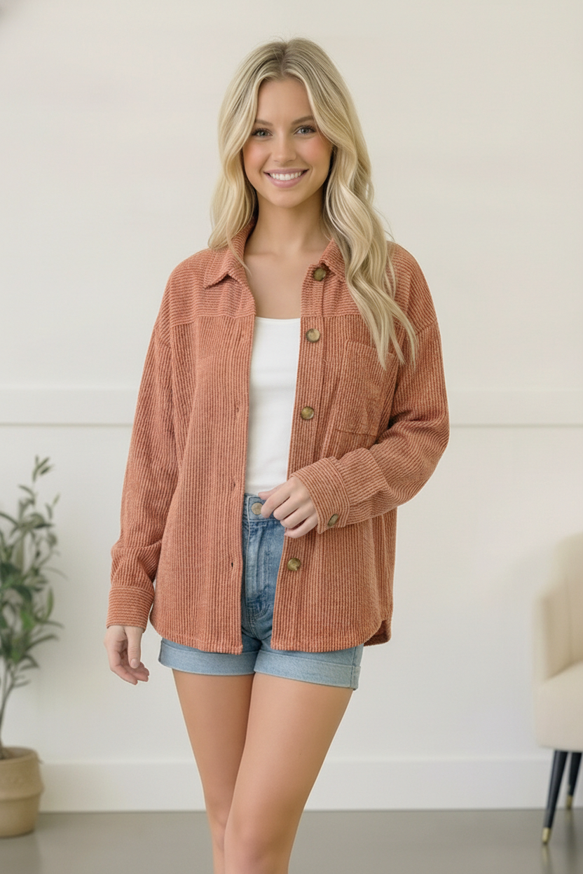 Apricot Wavy Ribbed Button Cardigan