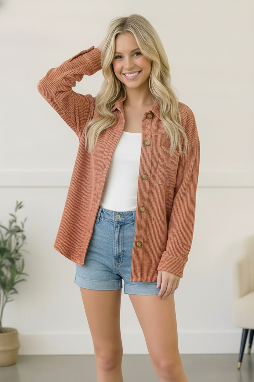 Apricot Wavy Ribbed Button Cardigan