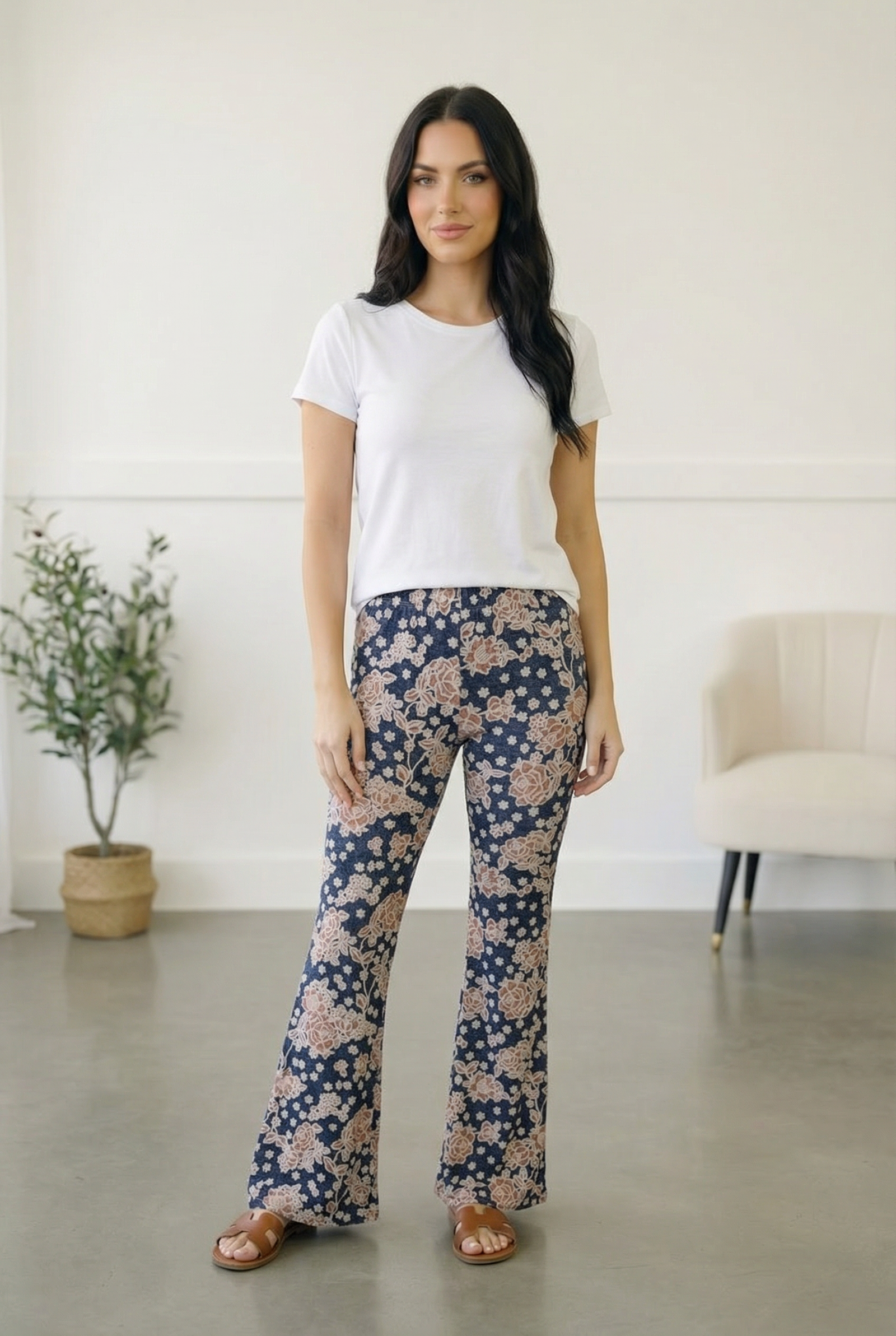 Denim Textured Floral Pants