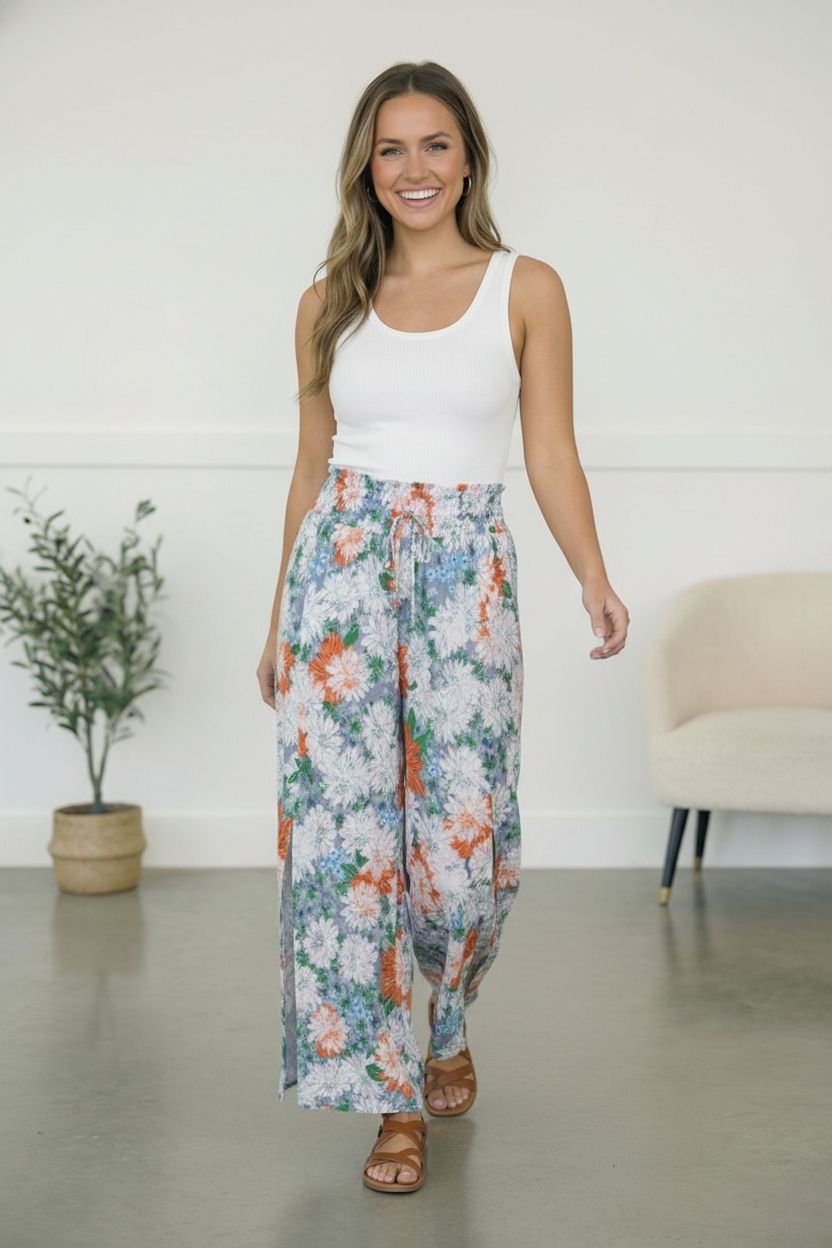 Blue Floral Print Palazzo Pants