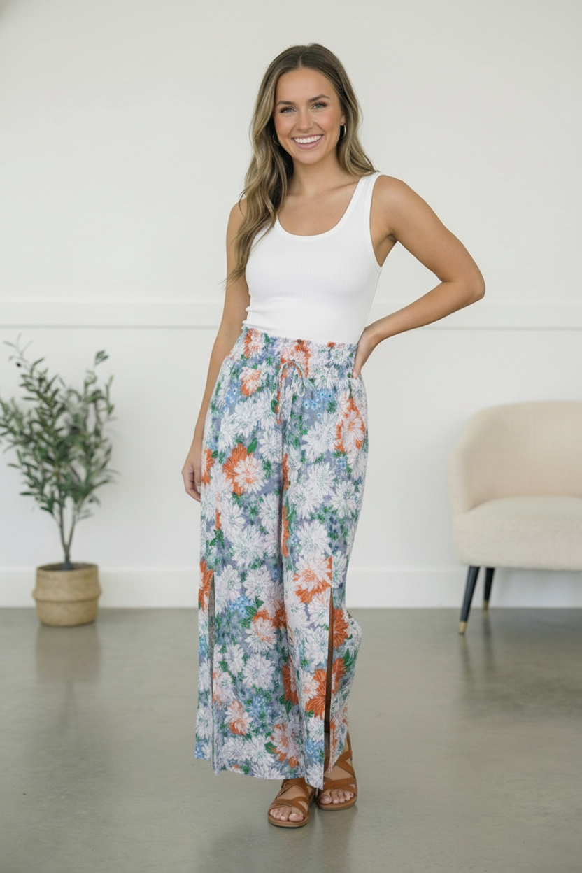 Blue Floral Print Palazzo Pants