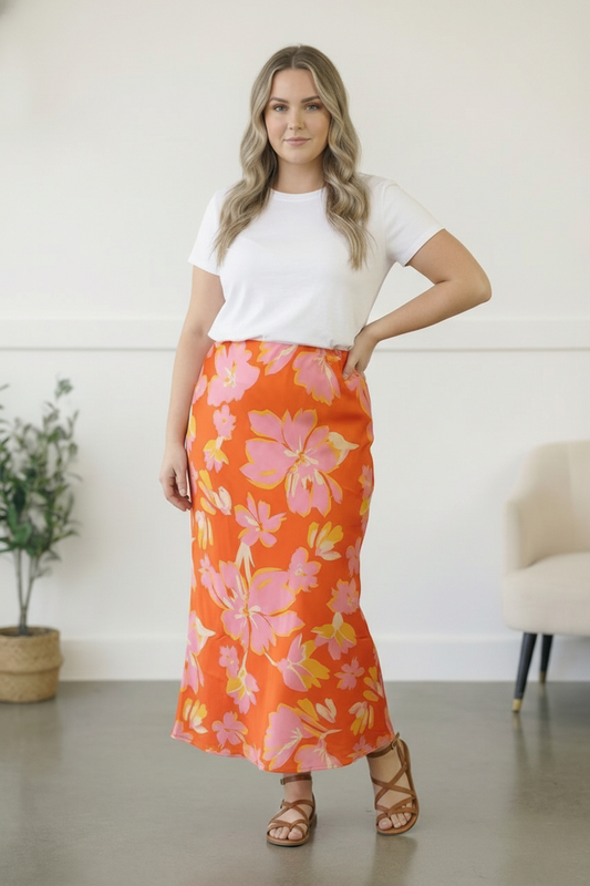 Plus Coral Lined Floral Woven Skirt