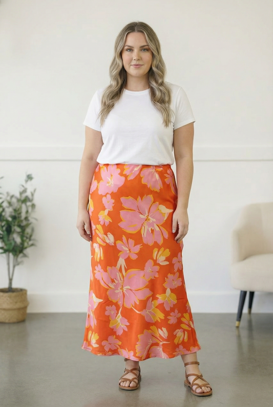 Plus Coral Lined Floral Woven Skirt