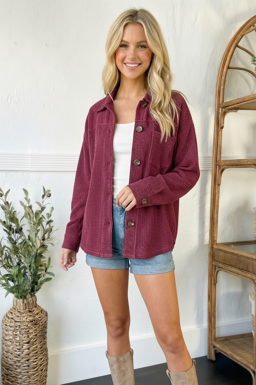Wine Oversize Wavy Rib Button Jacket