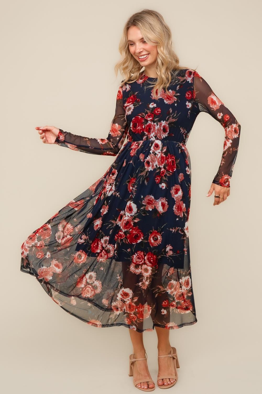 PLUS MIDI SEMI SHEER MESH WITH BACK NECK BUTTON