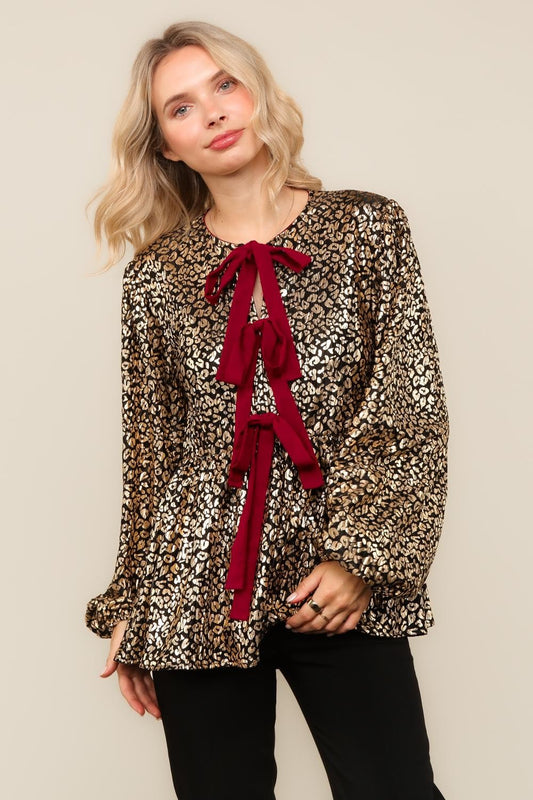 PLUS FRONT RIBBON BOW TIE ANIMAL FOIL PRINT TOP