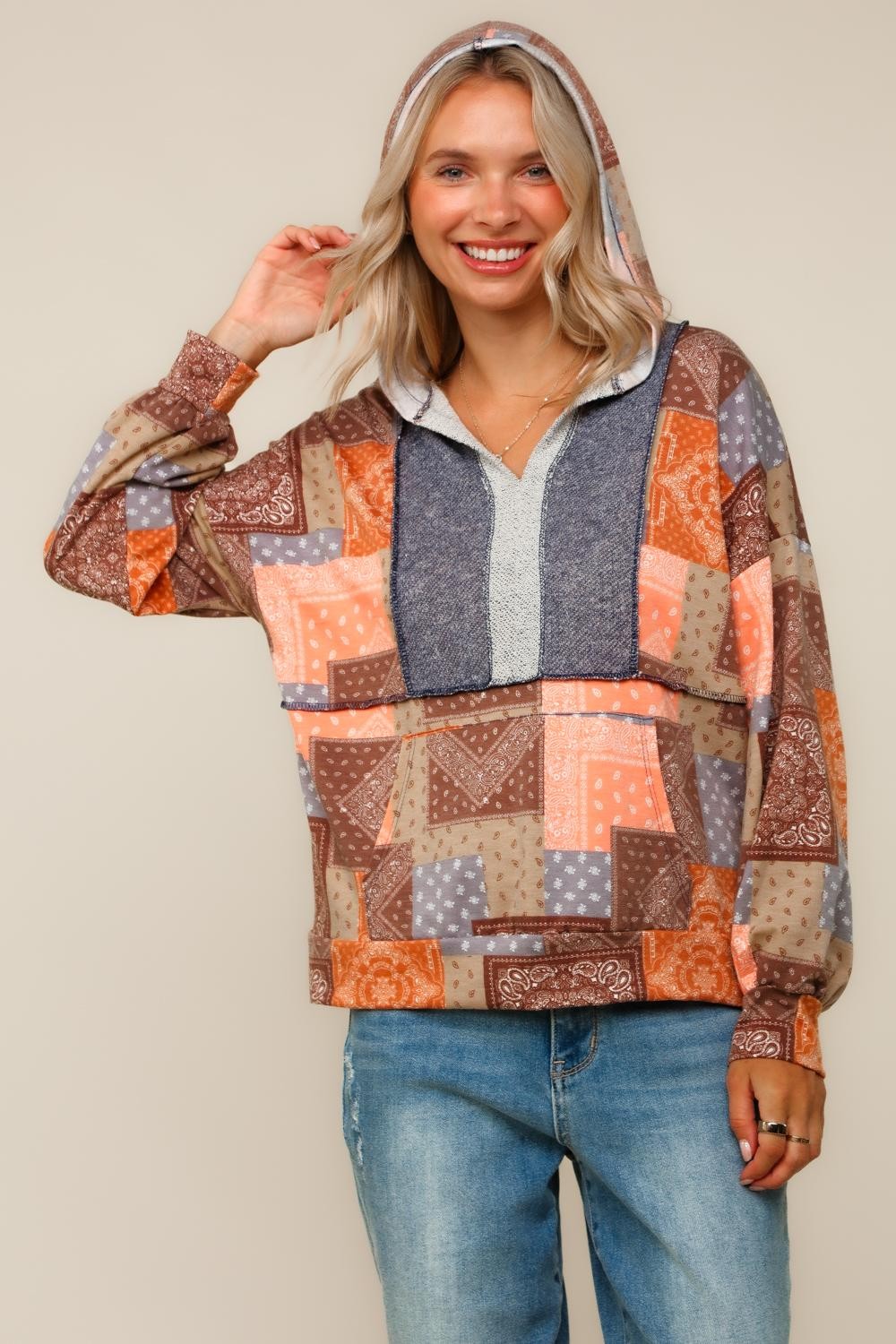 PLUS BOHO PATCHWORK TOP W/ HOODIE