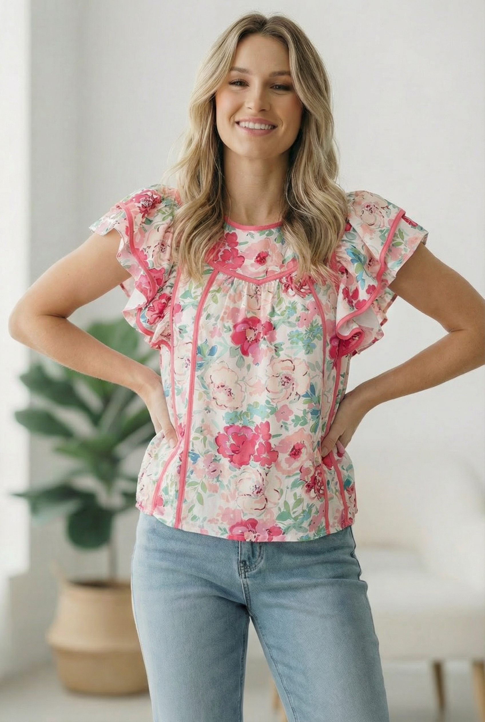 WOVEN BLOUSE ROUND NECK WITH RUFFLED SLEEVES