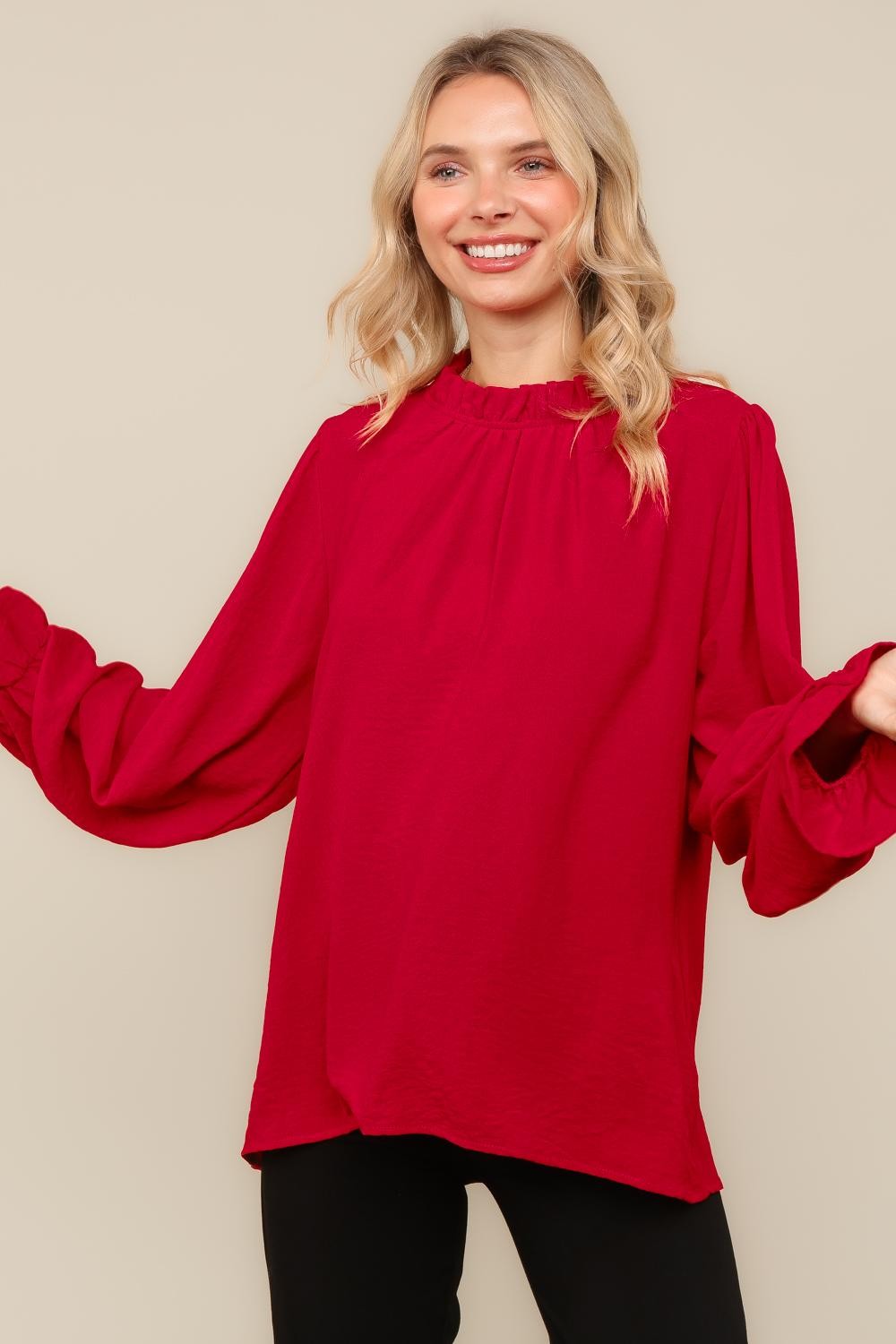 MOCK NECK BUBBLE LONG SLEEVE WOVEN TOP