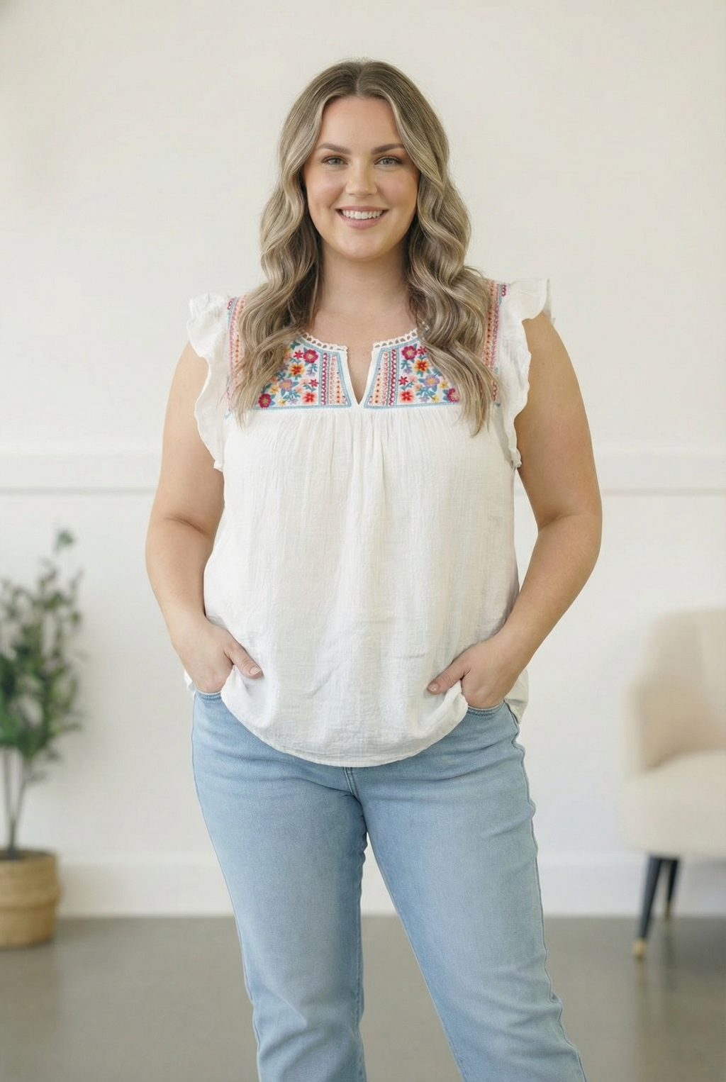 Plus Ivory Embroidered Blouse