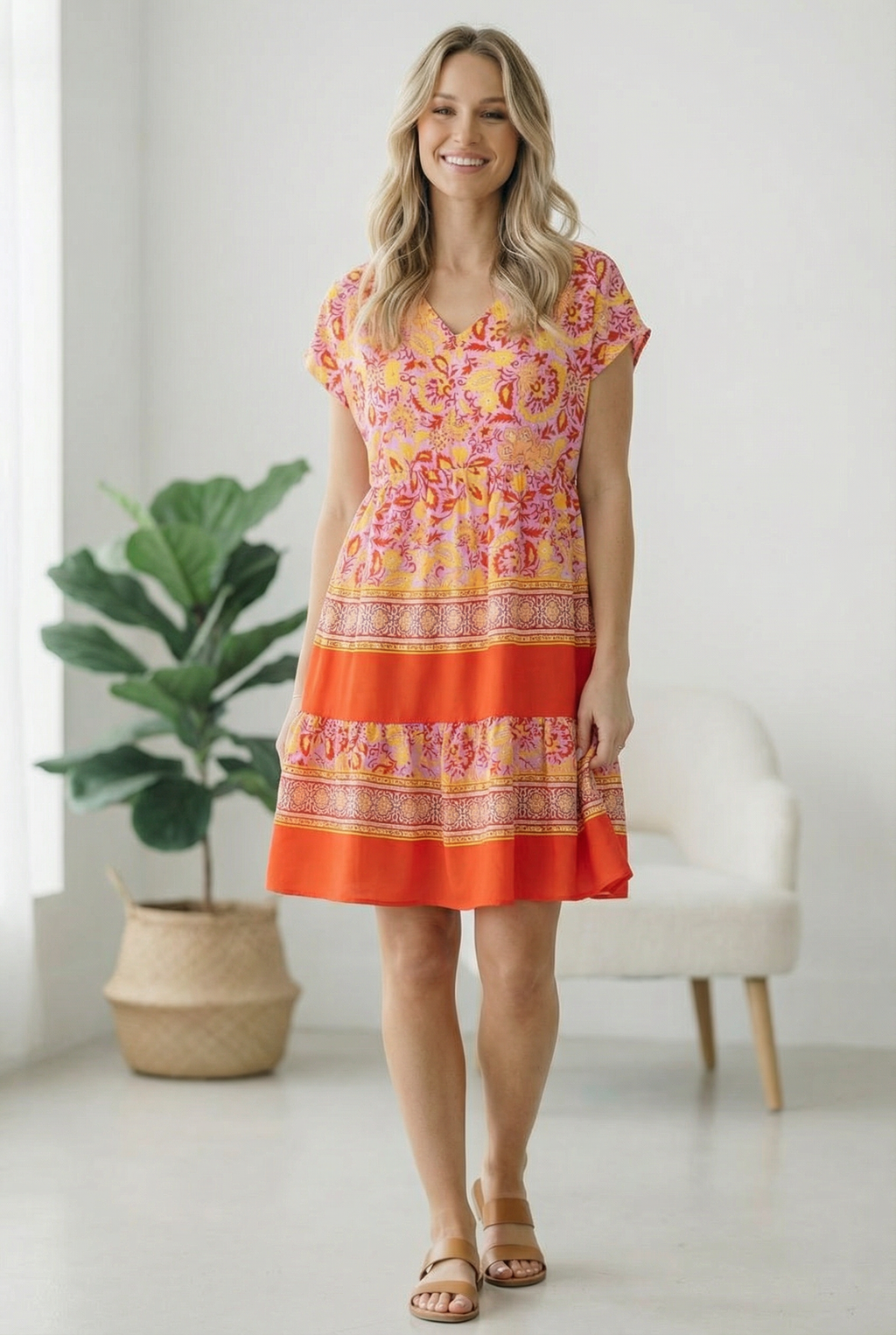 TIERED KNEE LENGTH FLORAL BORDER PRINT DRESS
