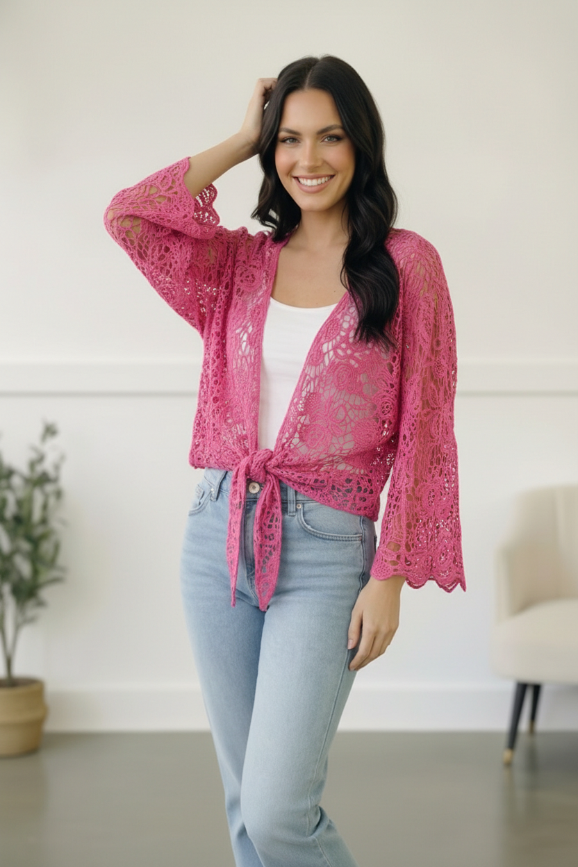 FUCHSIA CROCHET TIE HEM CARDIGAN