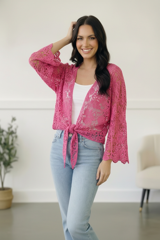 FUCHSIA CROCHET TIE HEM CARDIGAN