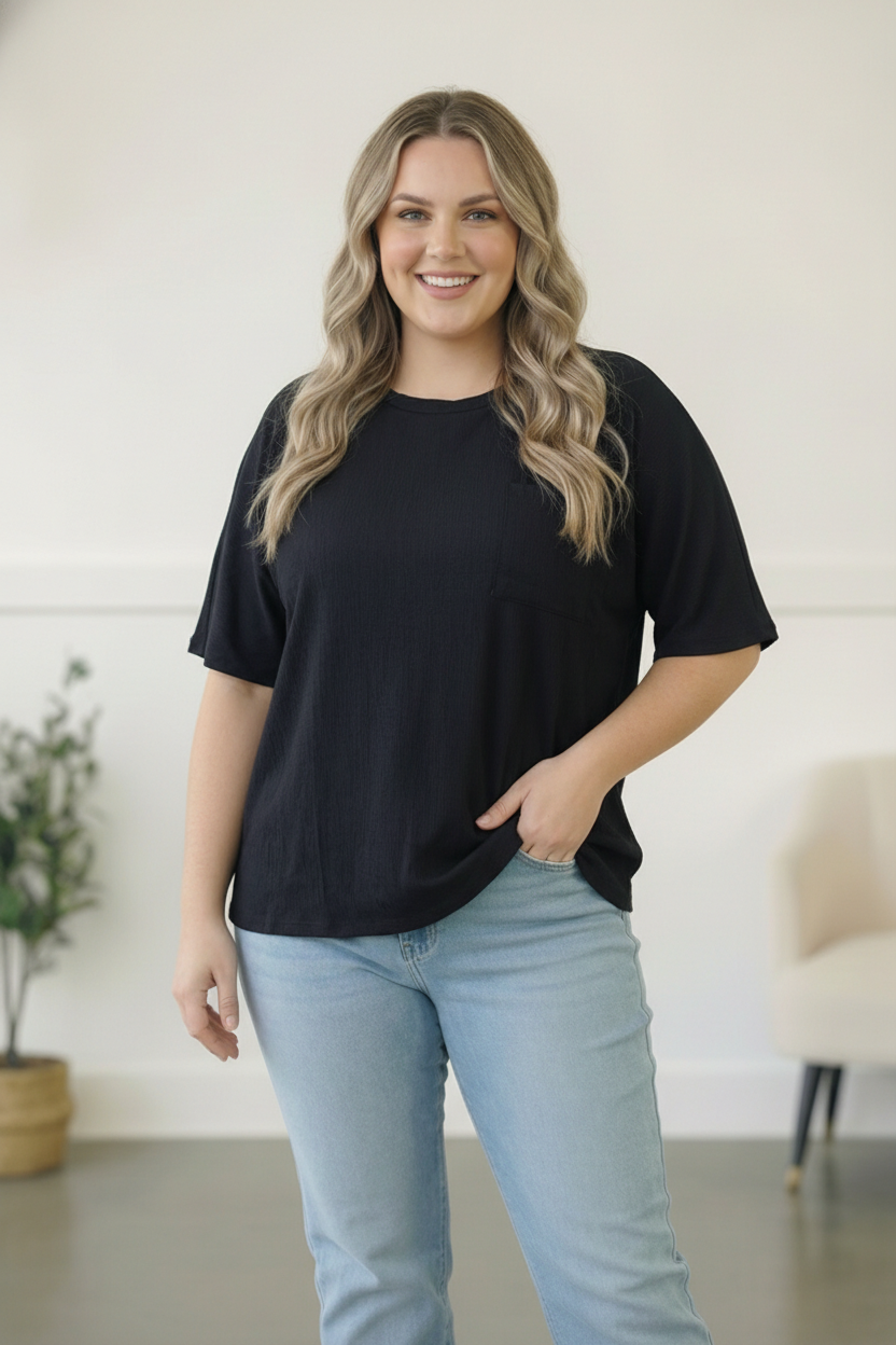 Plus Black Solid Dolman Pocket Top