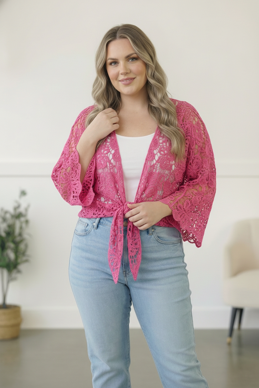 PLUS FUCHSIA CROCHET TIE HEM CARDIGAN