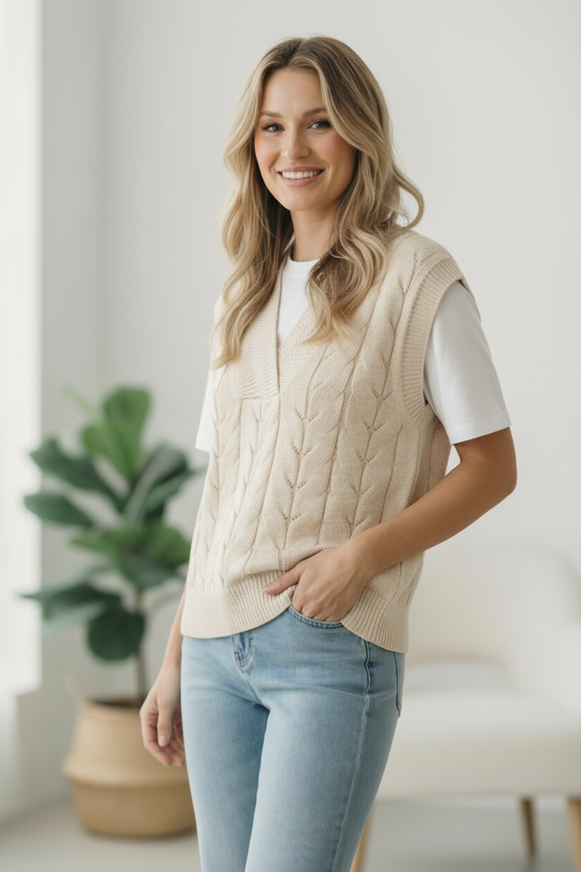 CREAM DOLMAN SHORT SLEEVE CABLE SWEATER TOP