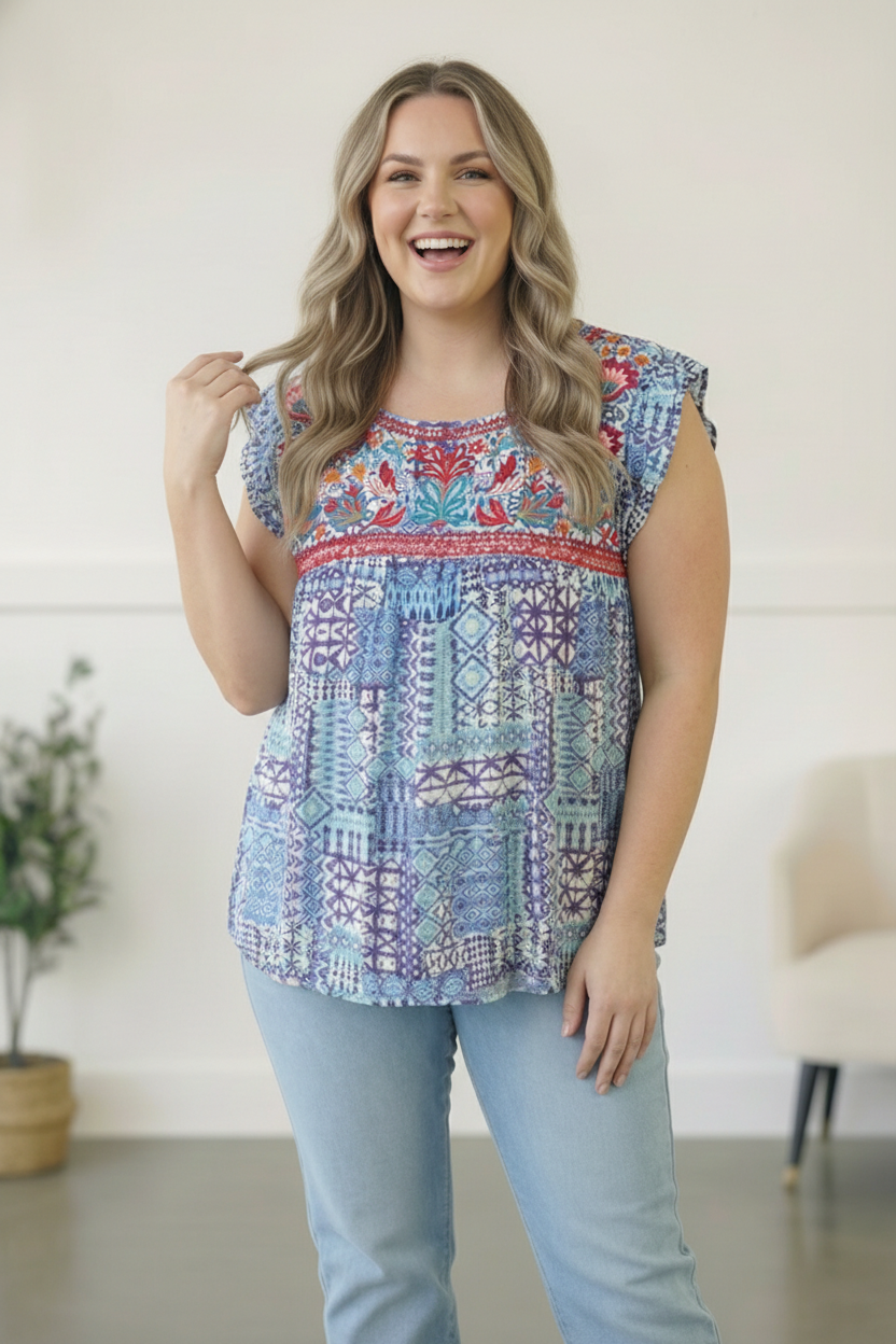 Plus Blue Embroidered Top