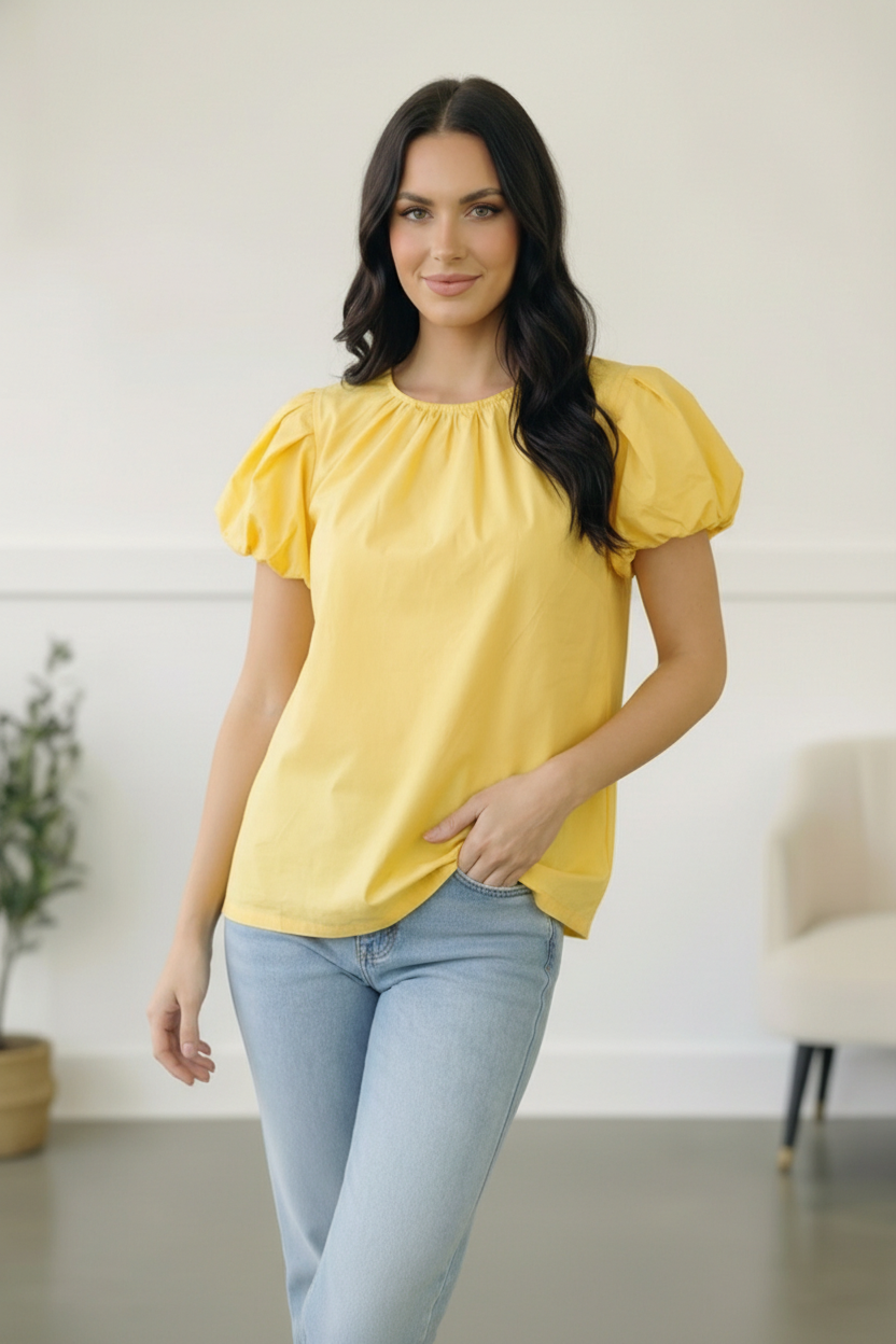 Yellow Puff Sleeve Design Solid Top