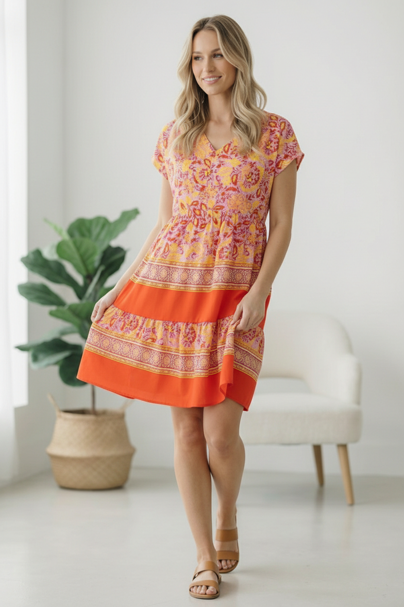 TIERED KNEE LENGTH FLORAL BORDER PRINT DRESS