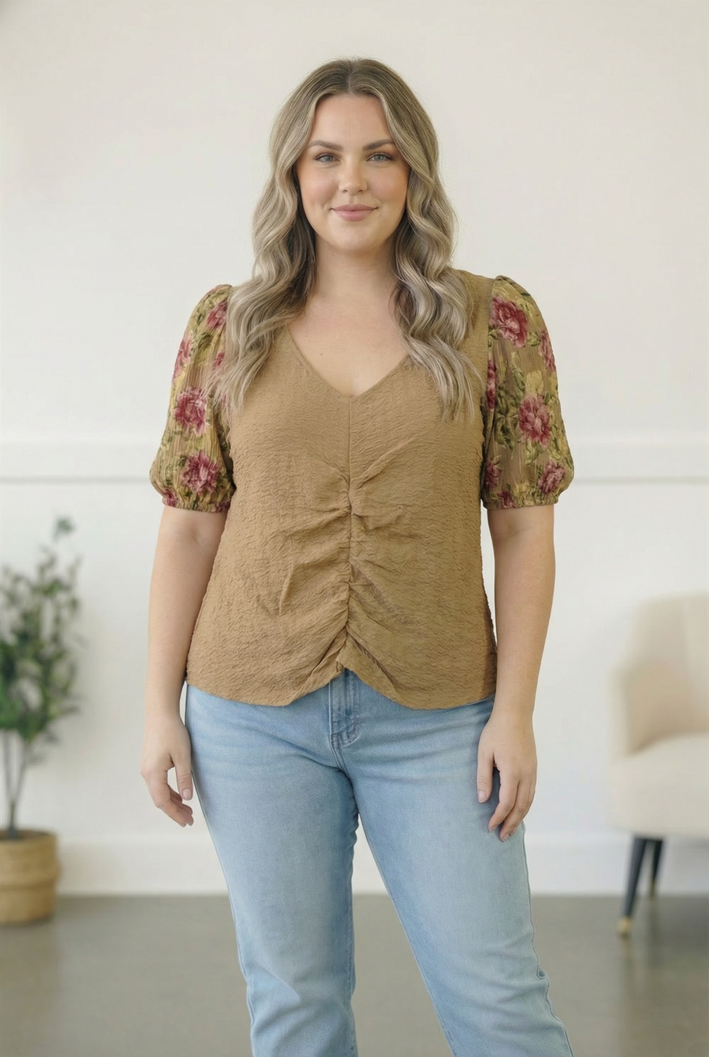 Plus Taupe Floral Sleeve Top