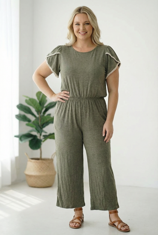 Plus Olive Lace Trim Jumpsuit