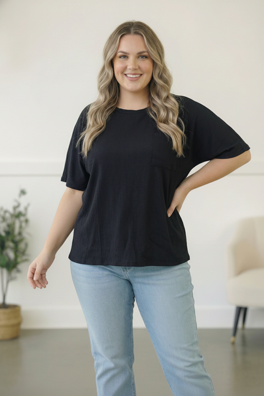 Plus Black Solid Dolman Pocket Top