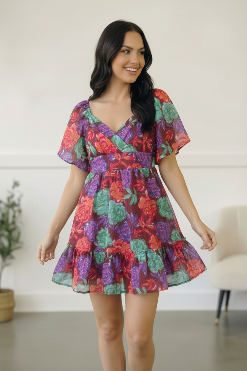 Brown Multi Floral Woven Lined Dress