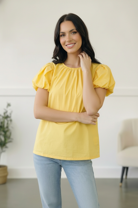 Yellow Puff Sleeve Design Solid Top