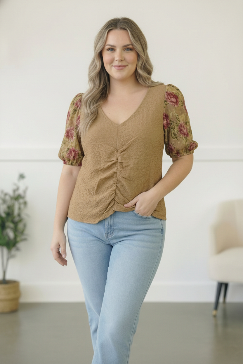 Plus Taupe Floral Sleeve Top