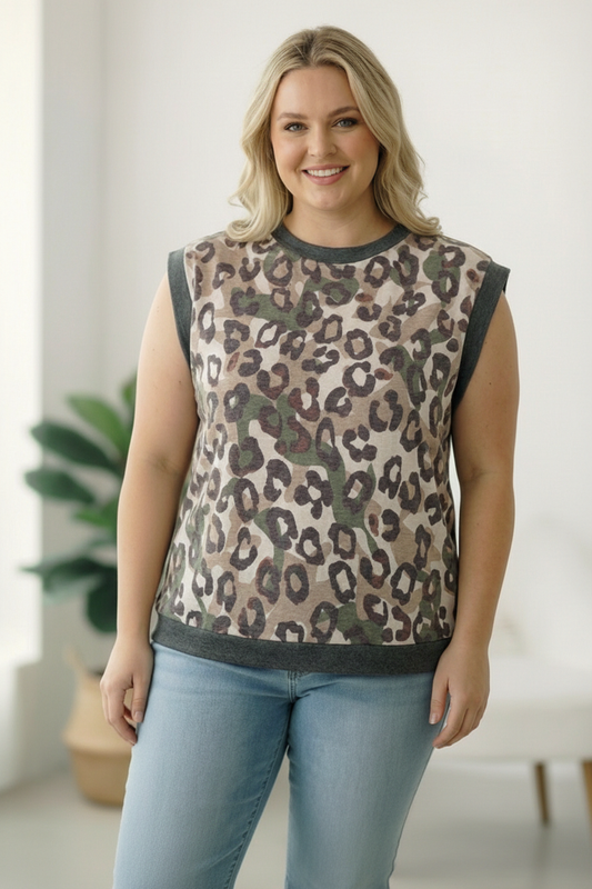 PLUS CAMOUFLAGE LEOPARD FRENCH TERRY KNIT TOP