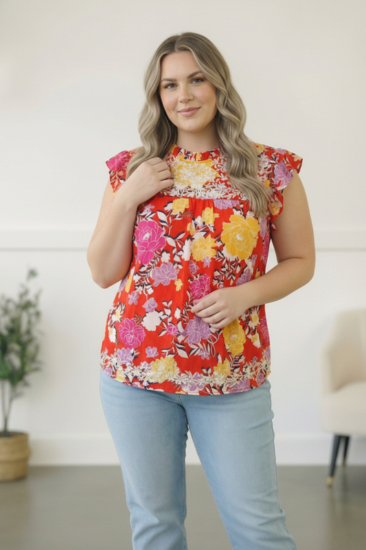 Plus Red Floral Embroidered Top