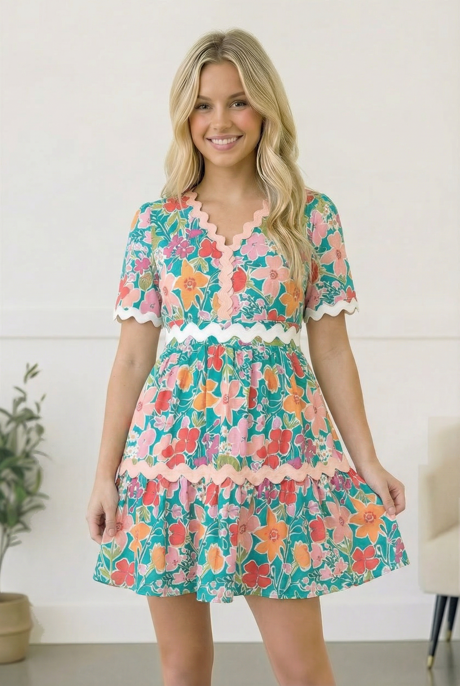 PLUS TIERED BABYDOLL FLORAL PRINT SPRING WOVEN DRESS