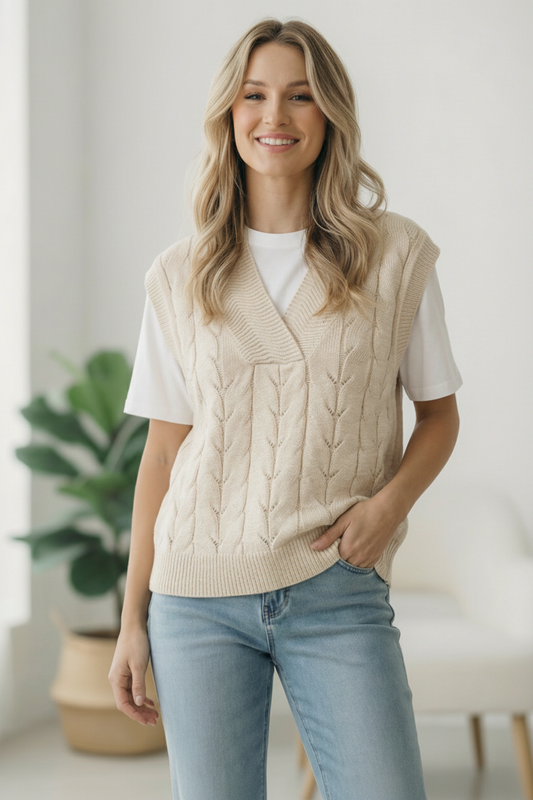 CREAM DOLMAN SHORT SLEEVE CABLE SWEATER TOP