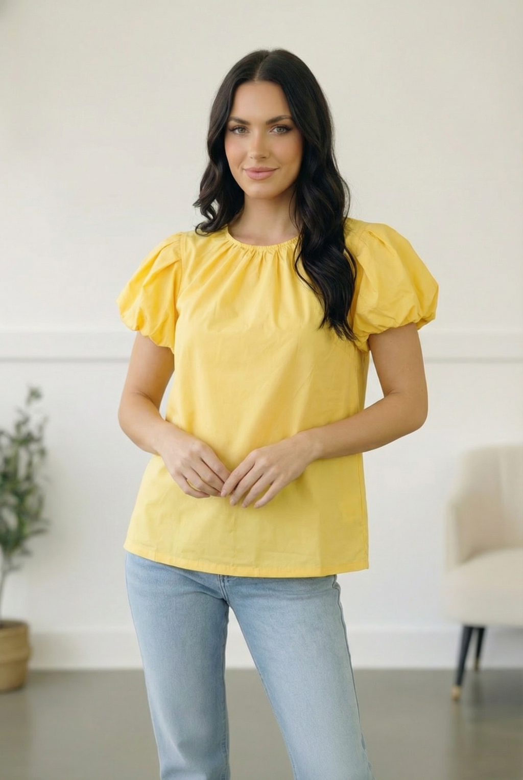Yellow Puff Sleeve Design Solid Top