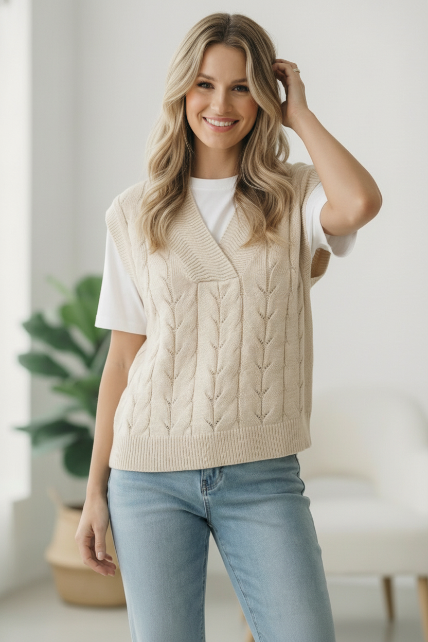 CREAM DOLMAN SHORT SLEEVE CABLE SWEATER TOP