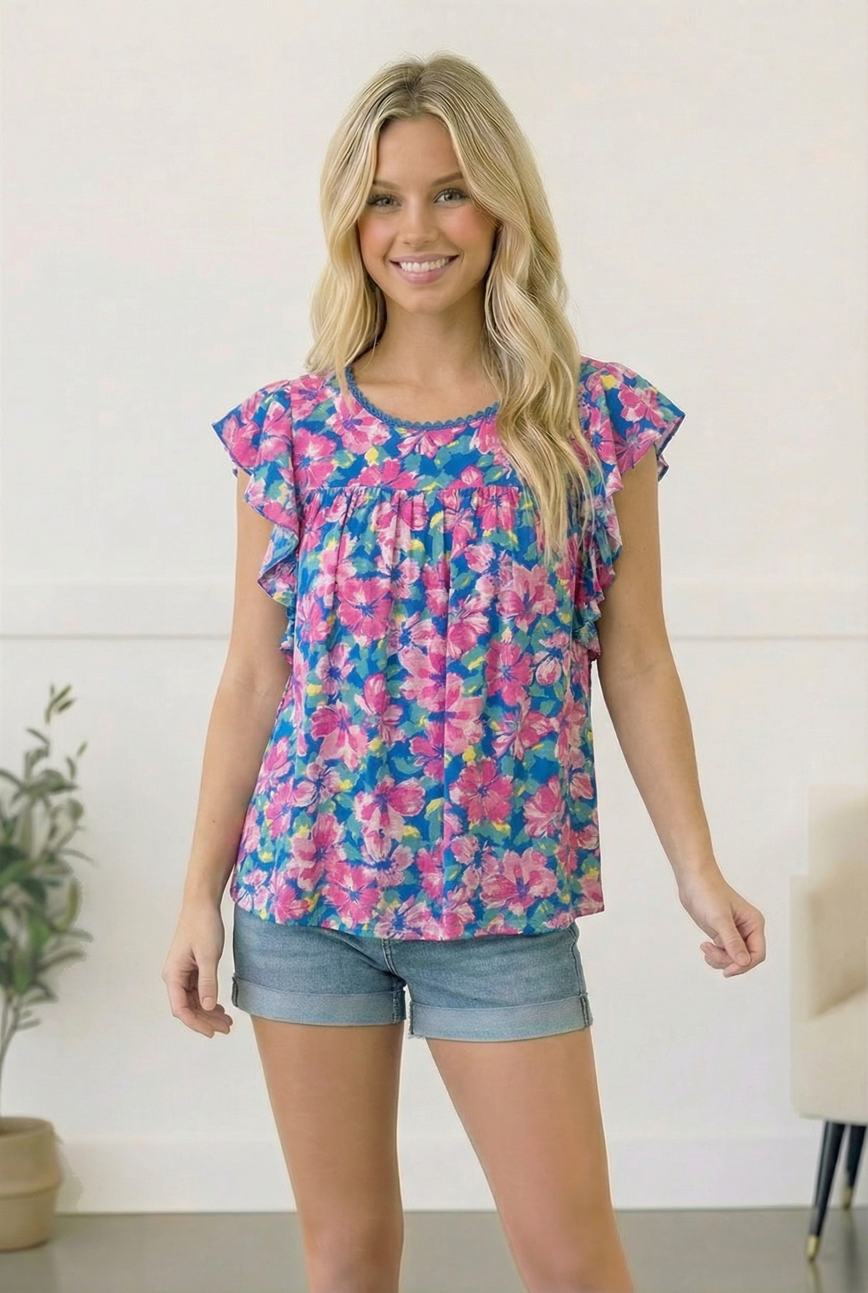 Blue Lace Lined Floral Top
