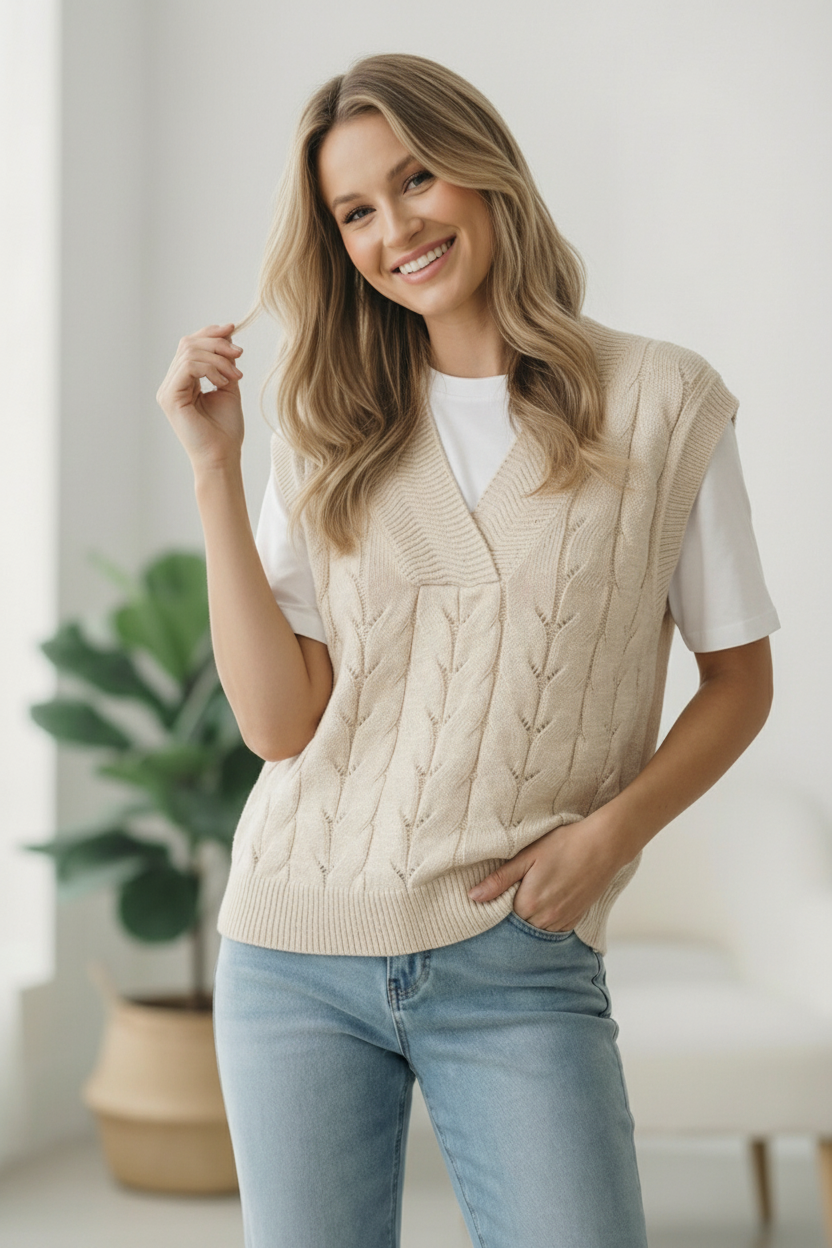 PLUS CREAM DOLMAN SHORT SLEEVE CABLE SWEATER TOP
