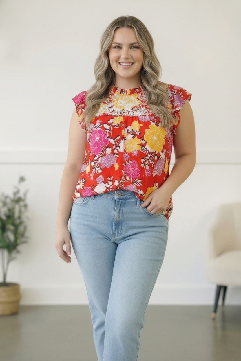 Plus Red Floral Embroidered Top