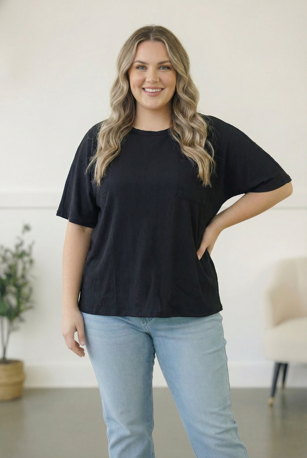 Plus Black Solid Dolman Pocket Top
