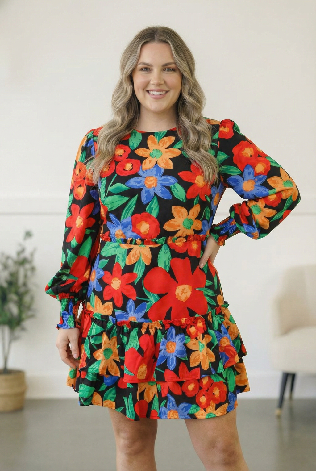 Plus Black & Multi Floral Lined Zip Back Dress