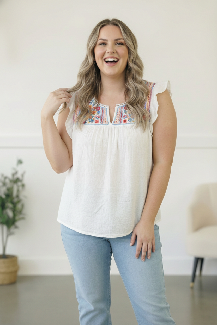 Plus Ivory Embroidered Blouse