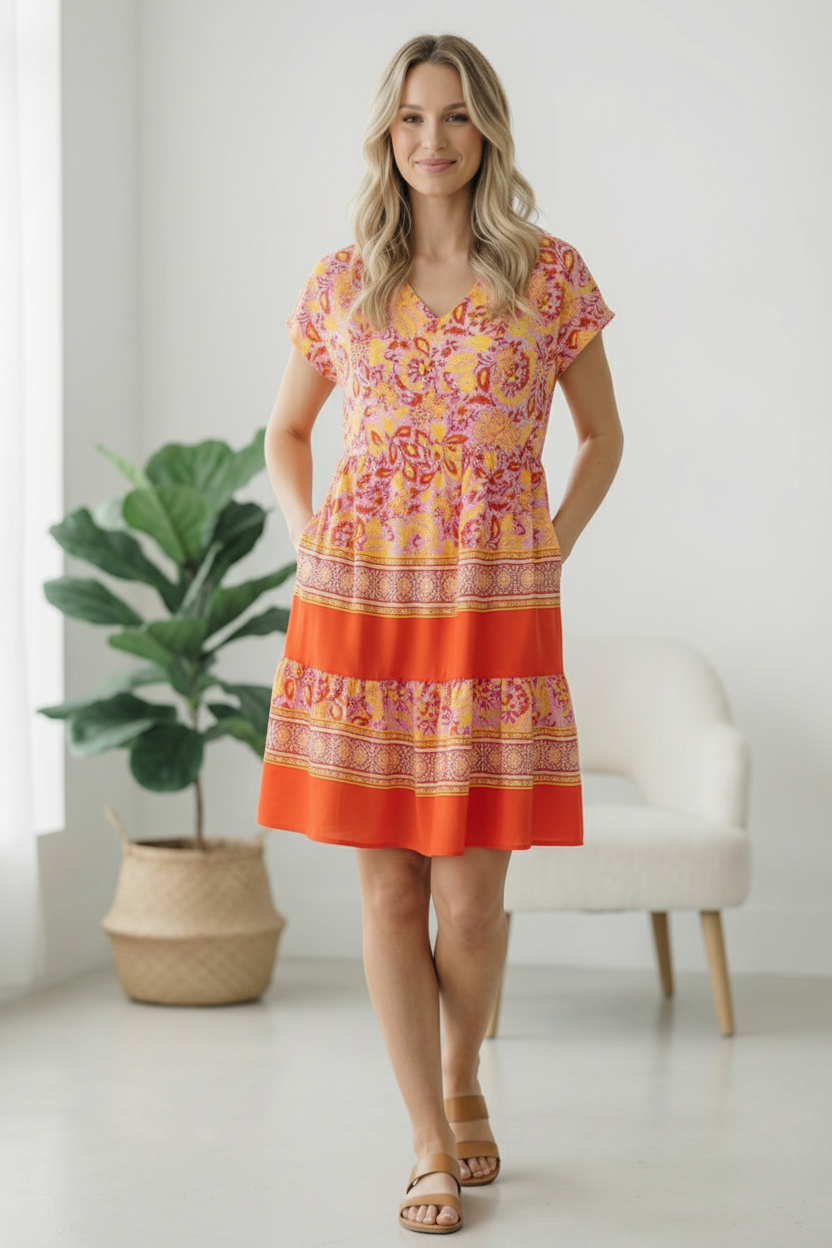 TIERED KNEE LENGTH FLORAL BORDER PRINT DRESS