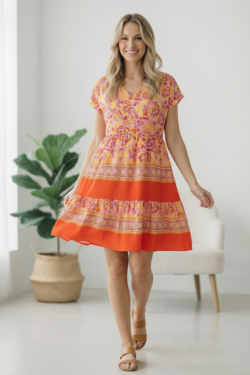 TIERED KNEE LENGTH FLORAL BORDER PRINT DRESS