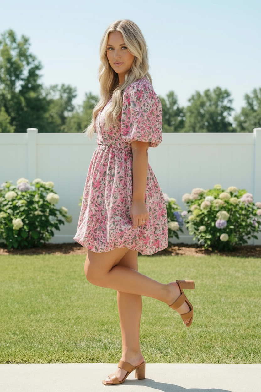 Plus Pink Floral Woven Bubble Design Cotton Dress