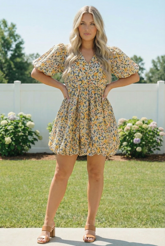 Plus Yellow Floral Woven Bubble Design Cotton Dress