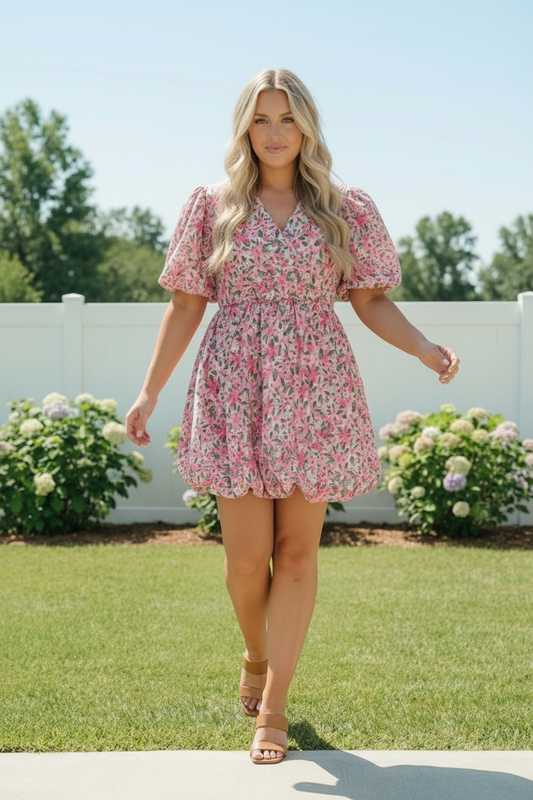 Plus Pink Floral Woven Bubble Design Cotton Dress